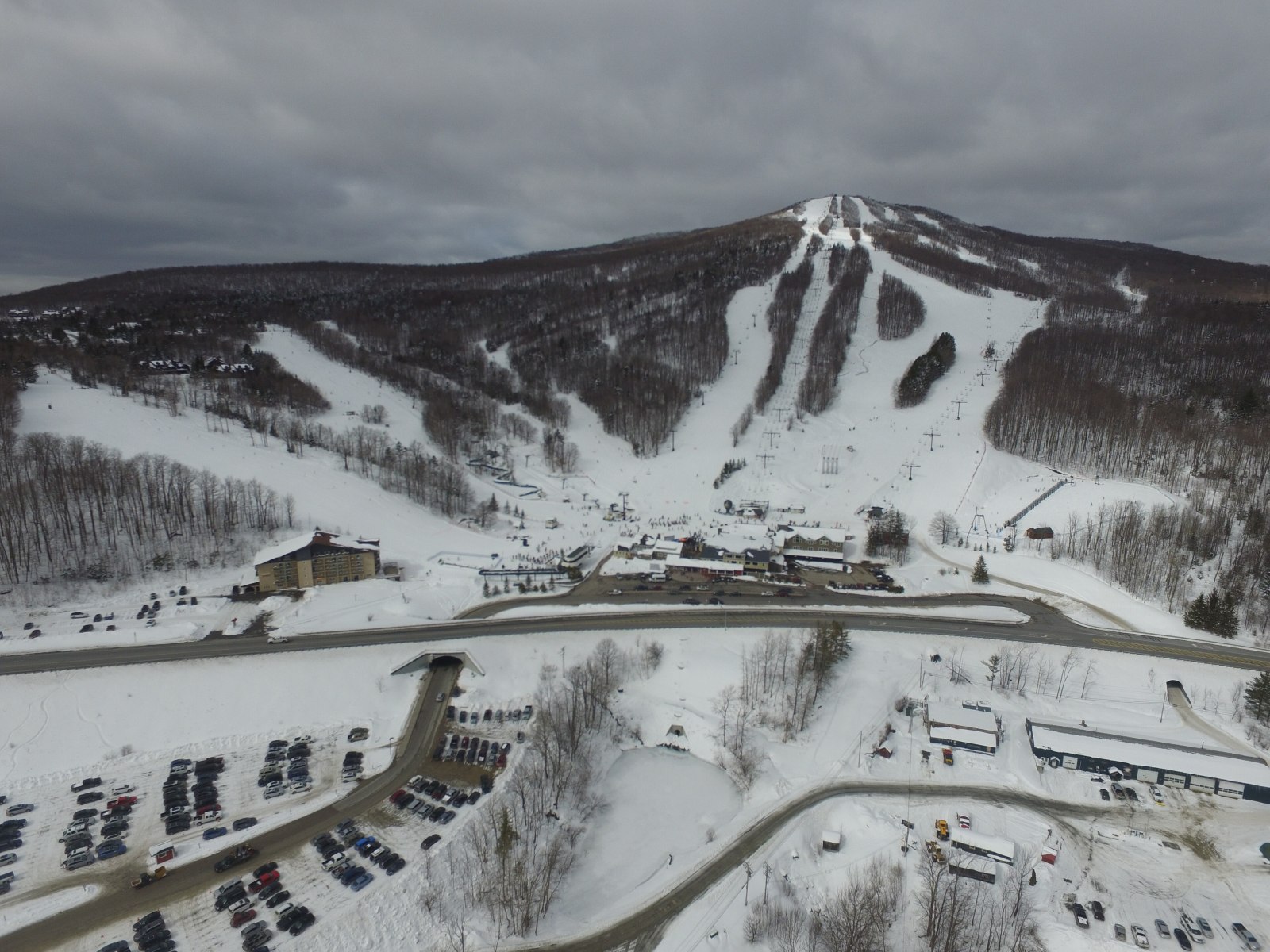 Aerial view of Bromley Mountain’s trails in winter